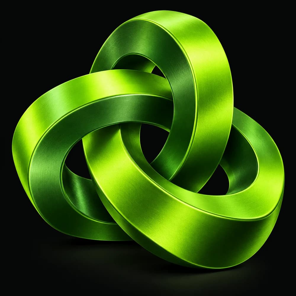 Three green metal ribbons intertwined in a geometric sculpture